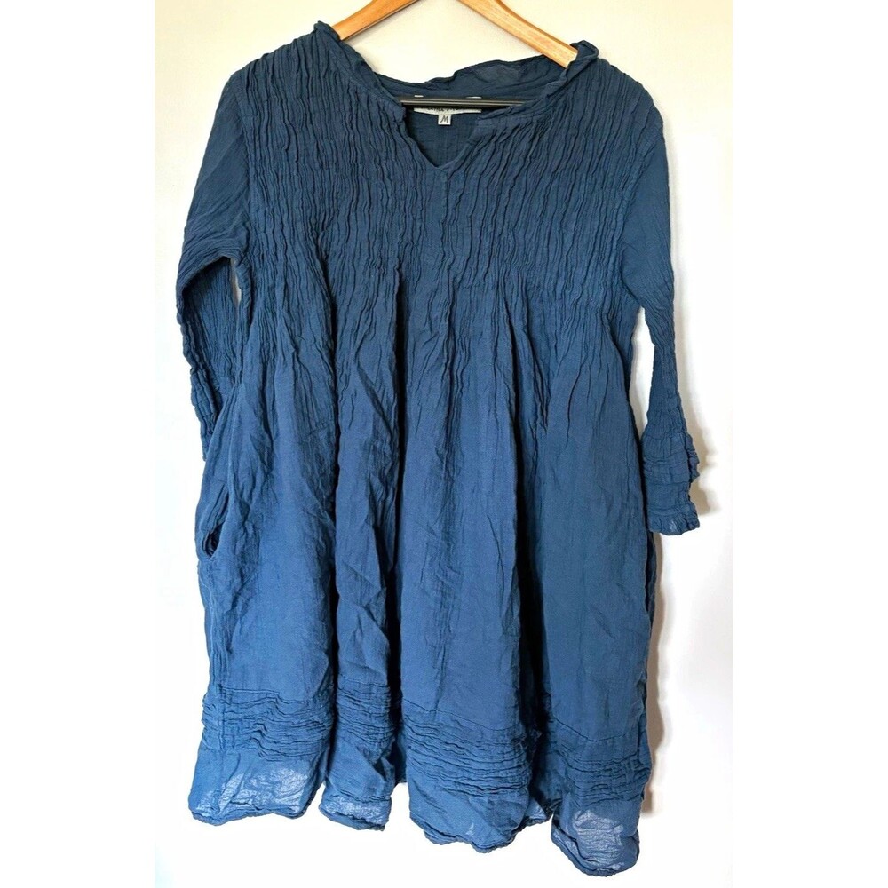 JP and Mattie Blue Solid Crinkle Cotton A-Line V-Neck 3/4 Sleeve Dress M